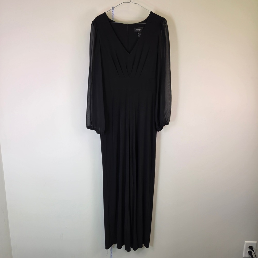 Connected Apparel Black V-Neck Jumpsuit Sheer Chiffon Bishop Sleeve Wide Leg 8